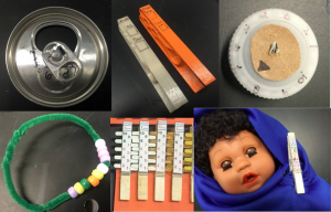 A few of our APGAR solutions including a soda top dial, 3D printed clips, water bottle/cardboard dial, "wrist abacus," and clothespins with tabs. The bottom right picture shows how the clip can be used to secure the chitenge.